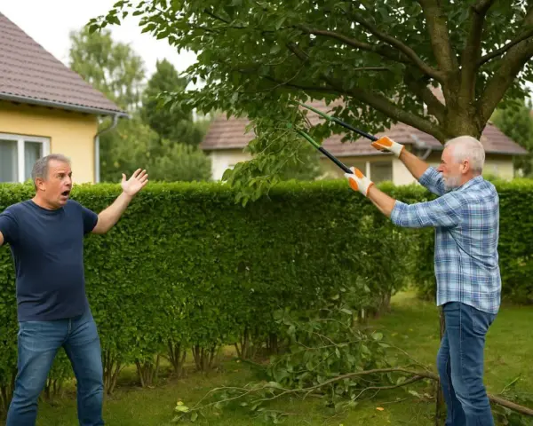 Un homme s'exclame, les mains levées, tandis que son voisin coupe des branches. La question "peut on couper les branches du voisin" est au cœur de cette scène.