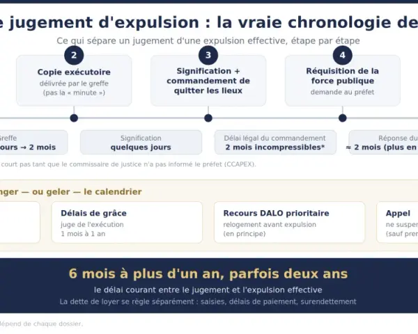 Chronologie des étapes d'une expulsion : jugement, copie exécutoire, commandement, réquisition force publique, expulsion effective. Le délai expulsion occupant sans droit ni titre peut être rallongé.