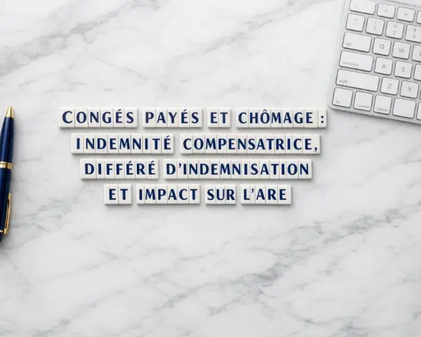 Congés payés non pris, indemnité compensatrice, différé d'indemnisation et impact sur l'ARE. Stylo et clavier sur fond marbre.