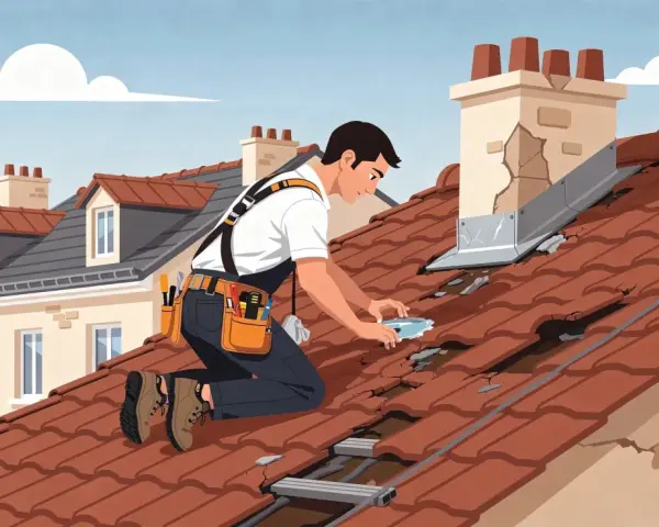 Un couvreur inspecte un toit endommagé, signe d'un défaut d'étanchéité. La garantie décennale couvre ces réparations.