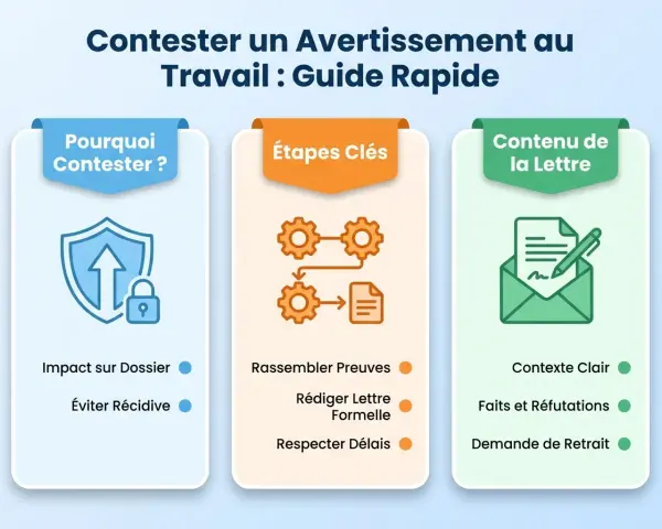 Guide rapide pour contester un avertissement au travail : impact sur dossier, éviter récidive, rassembler preuves, rédiger lettre, respecter délais, contexte clair, faits, réfutations et demande de retrait.