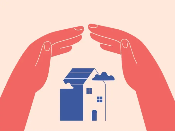 Deux mains protègent une maison bleue stylisée, symbolisant un congé pour reprise ou une protection.