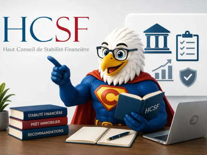 Super-aigle HCSF, gardien de la stabilité financière, lit un livre sur le crédit immobilier.