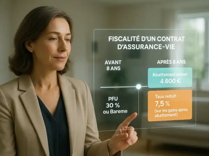 Une femme examine un écran affichant la fiscalité d'un contrat d'assurance-vie, avec des détails sur les abattements et taux réduits.