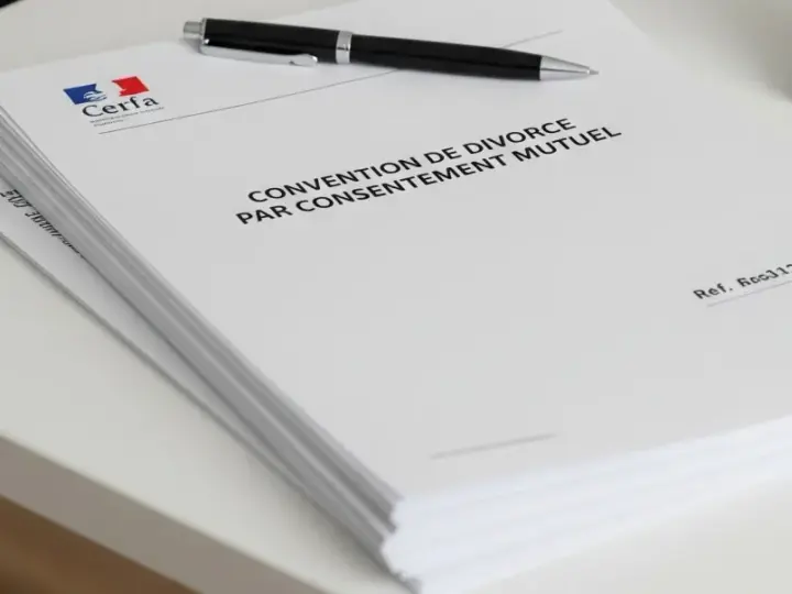 Un formulaire CERFA pour une convention de divorce par consentement mutuel, prêt à être rempli.