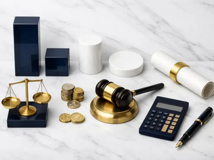 Balance, marteau de juge, calculatrice, stylo, pièces et diplôme symbolisent les frais d'avocat pour partage judiciaire.