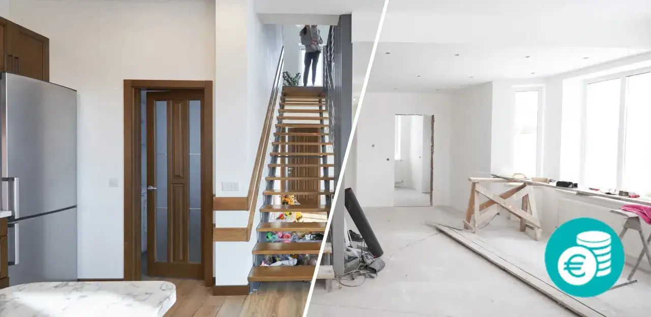 Avant/après rénovation : cuisine et escalier fonctionnels, puis chantier de travaux second œuvre avec symboles d'argent.