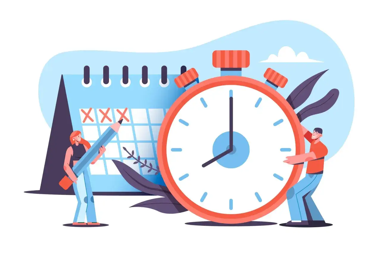 Un calendrier avec des croix rouges et un chronomètre géant symbolisent le travail dissimulé heures supplémentaires. Deux personnes gèrent le temps et les tâches.