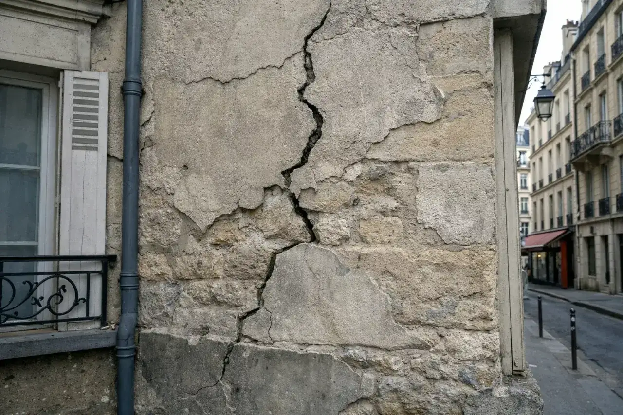Un mur fissuré, un péril ordinaire qui pourrait entraîner une suspension des loyers. La façade délabrée d'un immeuble parisien.
