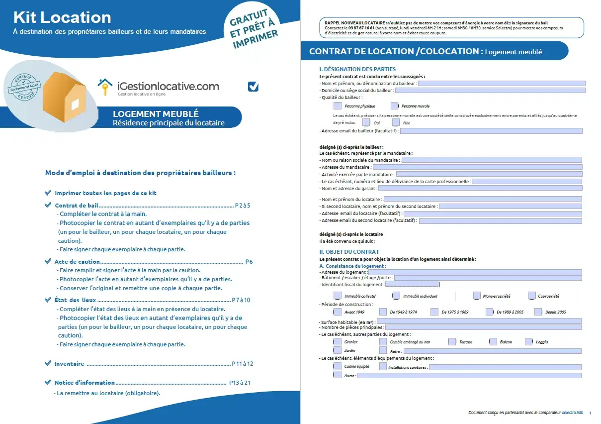 Document de gestion locative LMNP : contrat de location meublée, état des lieux, acte de caution. Idéal pour propriétaires bailleurs.