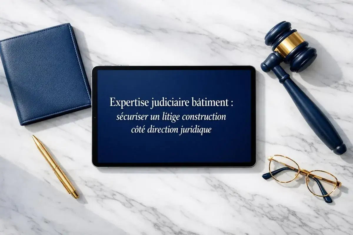 Marteau de juge, lunettes, stylo doré et tablette affichant 