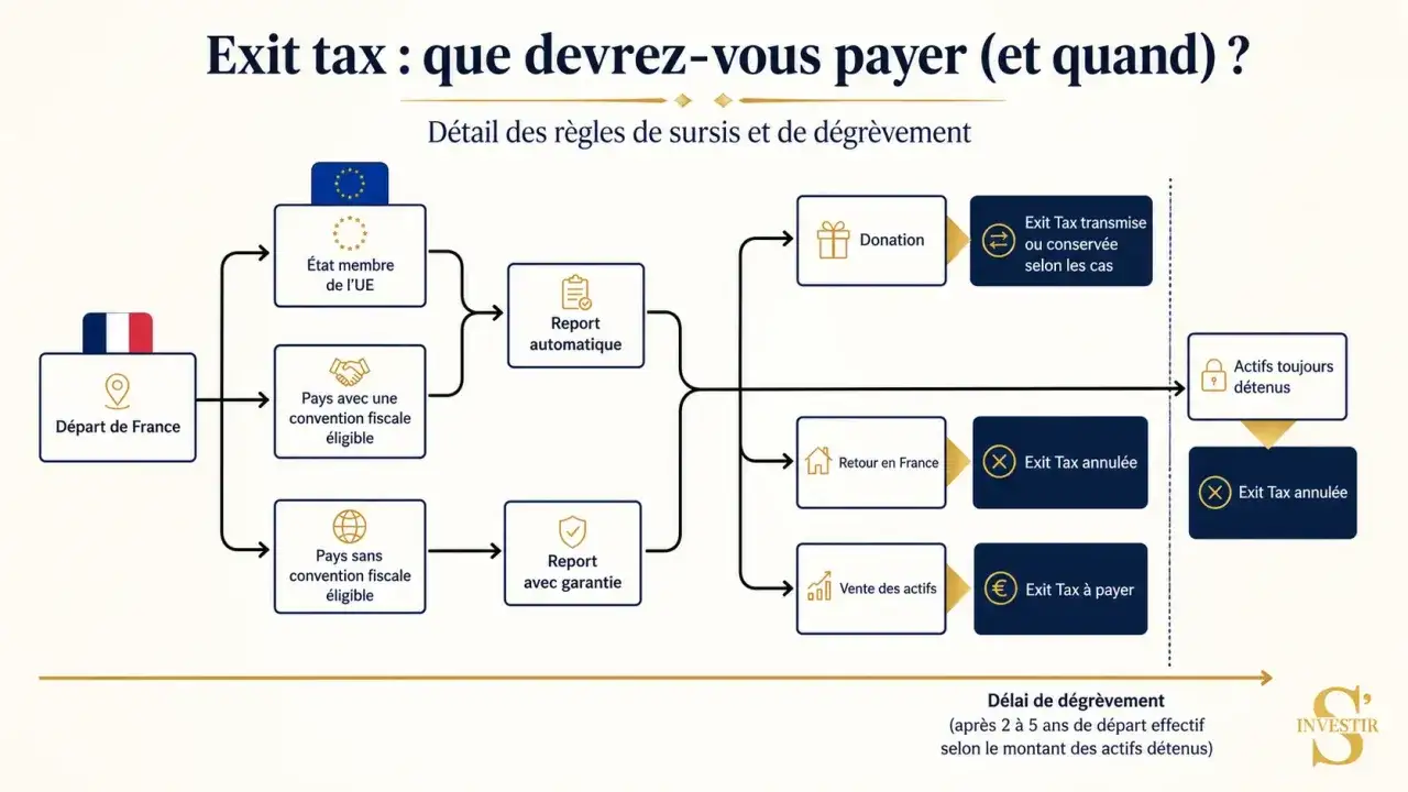Schéma expliquant l'exit tax en France : départ, pays de destination (UE, convention fiscale), report, donation, vente d'actifs, et conditions d'annulation ou de paiement.