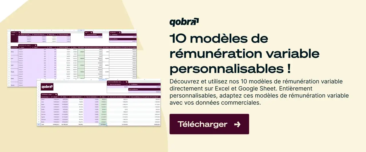 Tableaux Excel montrant des modèles de rémunération variable personnalisables, conformes au code du travail.