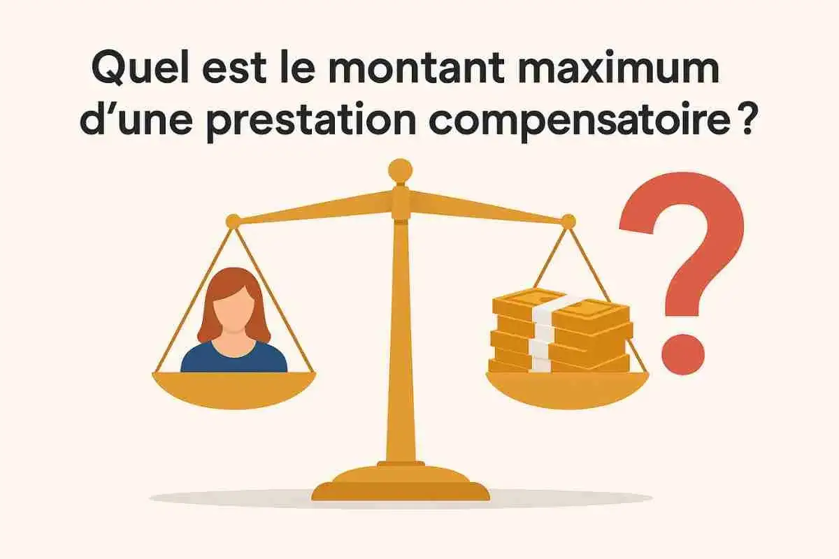 Balance de la prestation compensatoire : une femme d'un côté, des liasses de billets de l'autre. Quel est le montant maximum ? La question de l'impôt sur la prestation compensatoire.