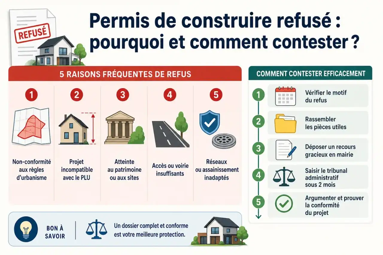 Permis de construire refusé : 5 raisons fréquentes (non-conformité, projet incompatible, atteinte au patrimoine, accès insuffisant, réseaux inadaptés) et comment contester.