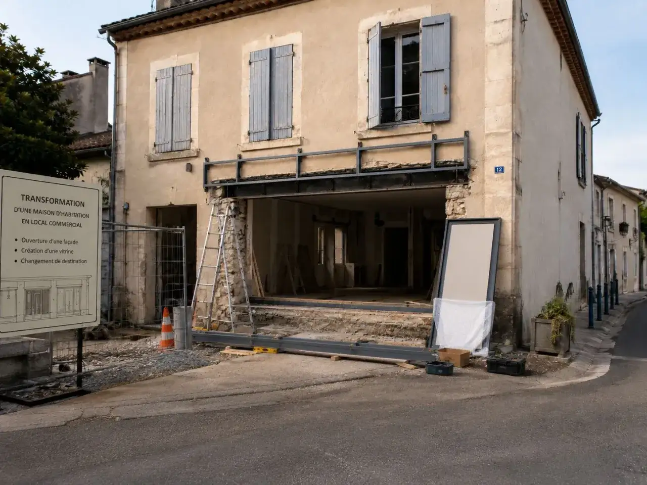 Chantier de transformation d'une maison en local commercial. Une façade est ouverte pour créer une vitrine, un changement d'usage sans changement de destination.