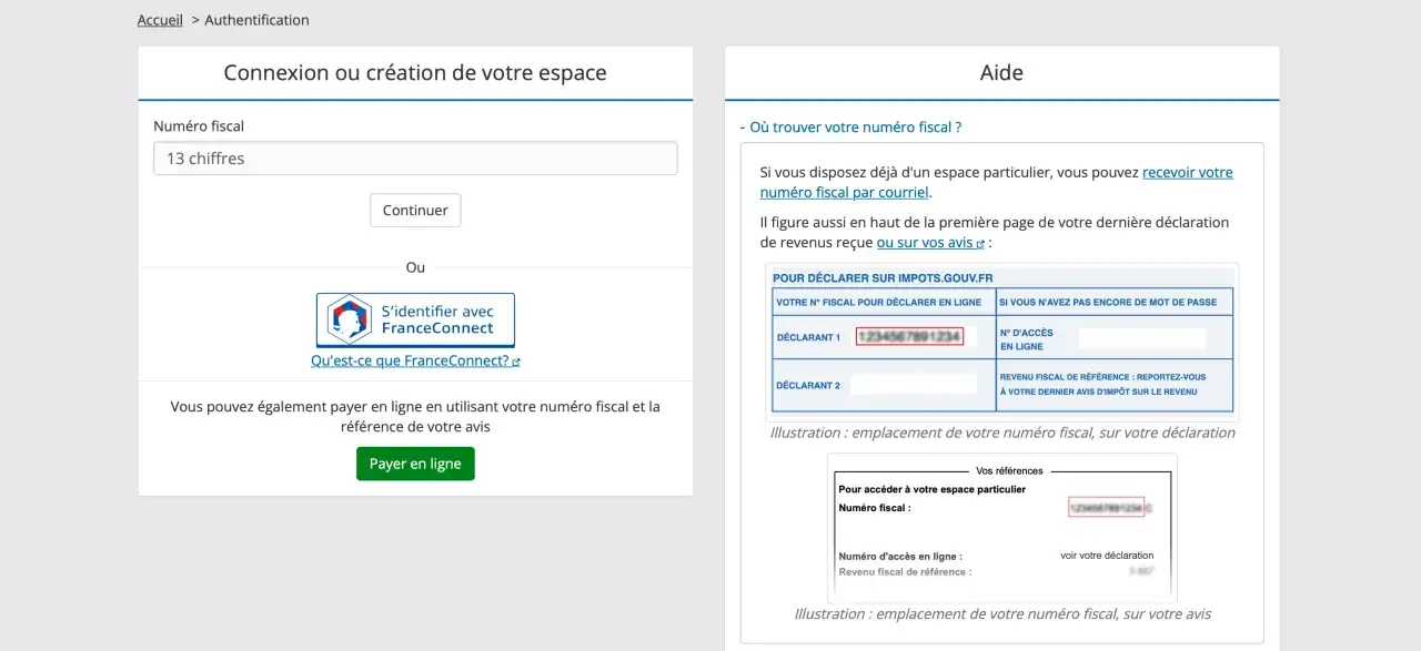 Page de connexion pour les non-résidents. Entrez votre numéro fiscal ou connectez-vous via FranceConnect pour accéder à votre espace.