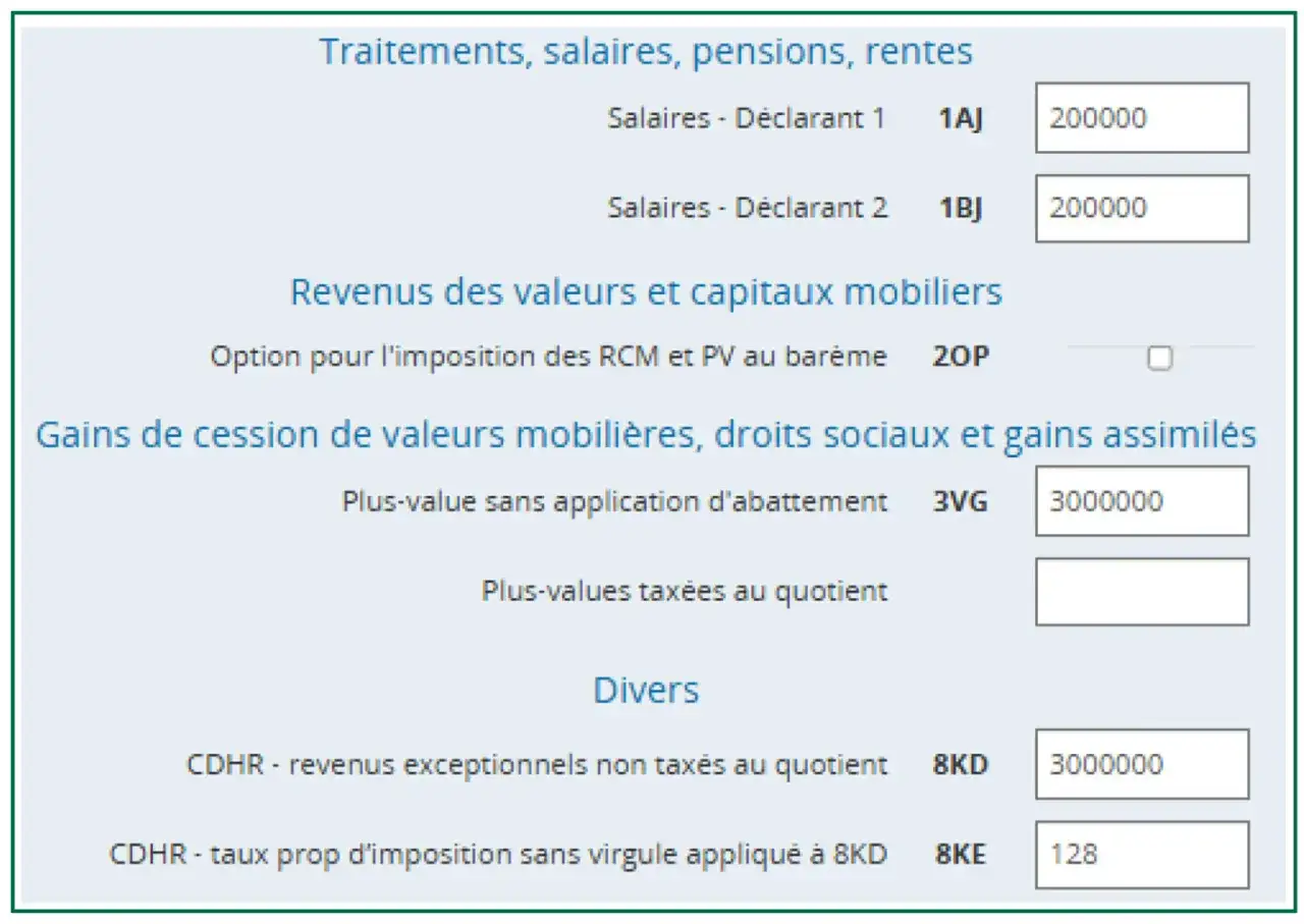 Exemple de revenus exceptionnels : 3000000€ de plus-value sans abattement et 3000000€ de revenus exceptionnels non taxés au quotient.