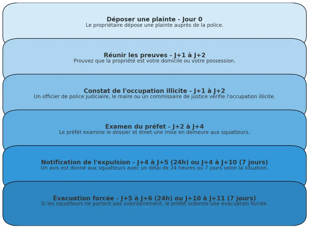 Schéma des procédures pour les lois anti squat : dépôt de plainte, preuves, constat, examen préfet, notification d'expulsion et évacuation forcée.