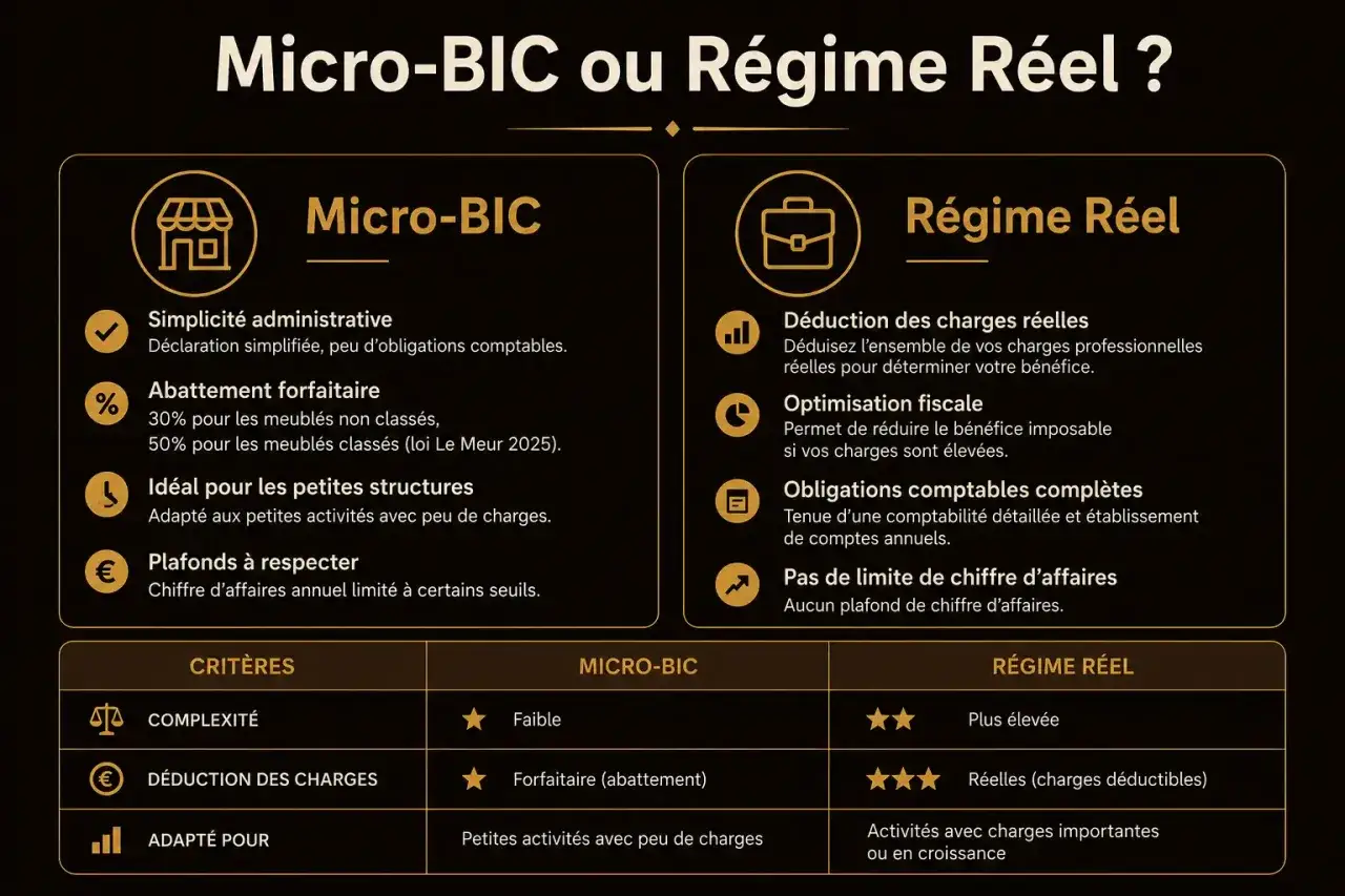 Tableau comparatif des régimes Micro-BIC et Réel, détaillant leurs avantages et contraintes pour les entreprises.