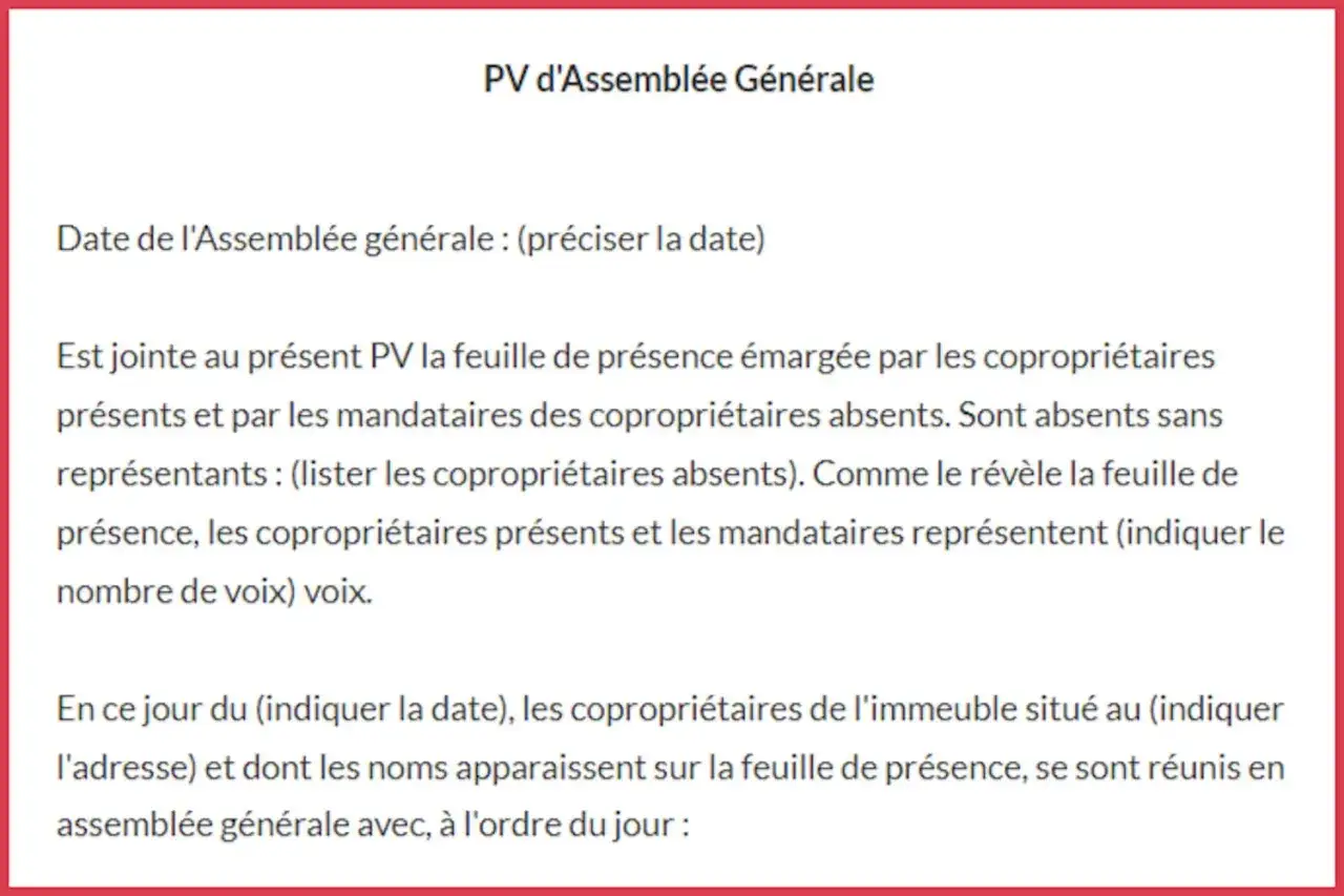 PV d'Assemblée Générale. Ce document, potentiellement non conforme pour une copropriété, détaille la date, la feuille de présence des copropriétaires et mandataires, et l'ordre du jour de la réunion.
