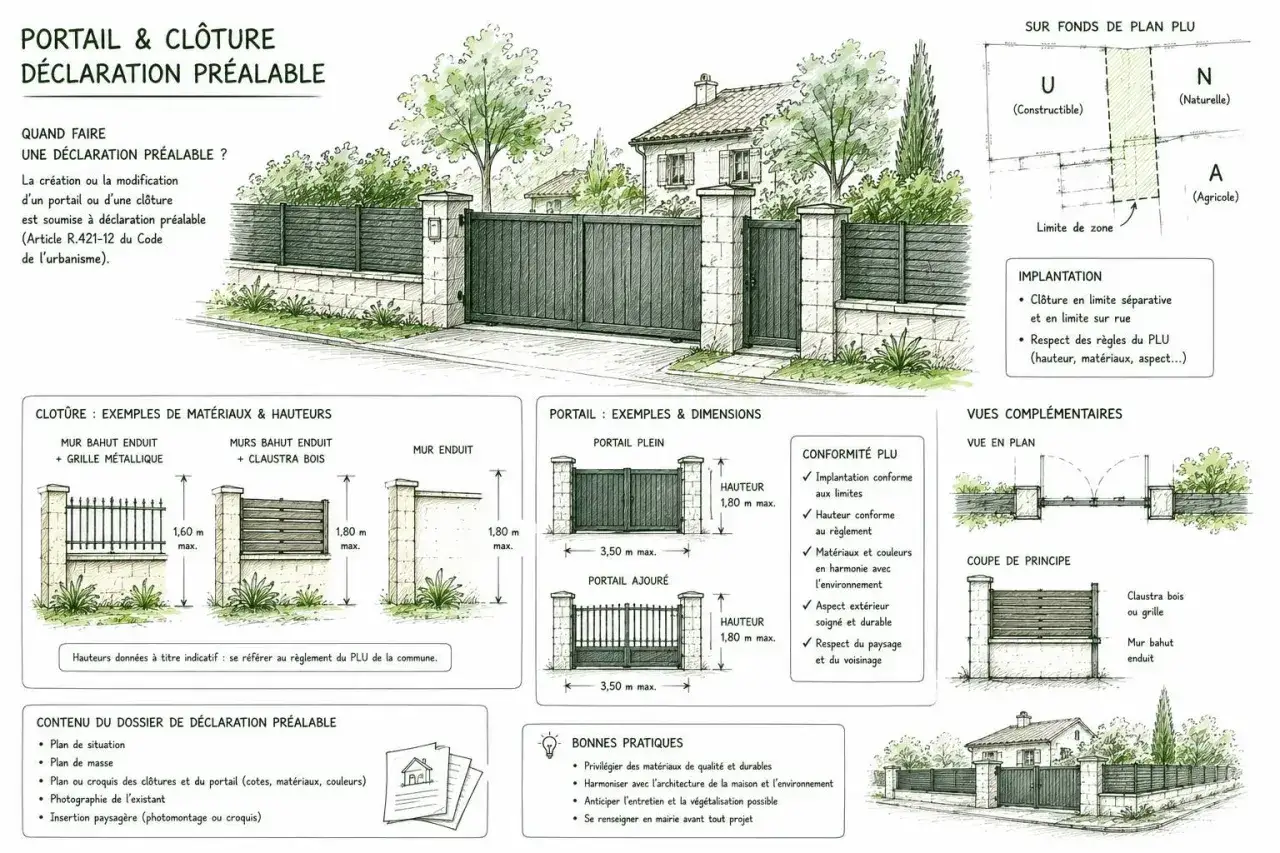 Illustration d'une clôture et d'un portail, expliquant la nécessité d'une déclaration préalable pour éviter des risques.