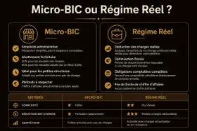 Comparaison entre le micro-BIC et le régime réel pour les entreprises. Le micro-BIC offre simplicité et forfait, idéal pour les petites structures. Le régime réel permet déduction des charges réelles.