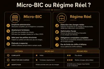 Comparaison entre le micro-BIC et le régime réel pour les entreprises. Le micro-BIC offre simplicité et forfait, idéal pour les petites structures. Le régime réel permet déduction des charges réelles.