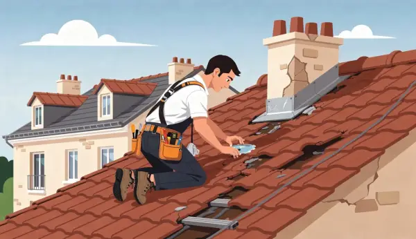 Un couvreur inspecte un toit endommagé, signe d'un défaut d'étanchéité. La garantie décennale couvre ces réparations.