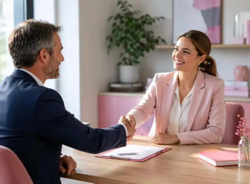 Un homme et une femme se serrent la main, souriants, autour d'un document. Une étape clé dans la procédure rupture conventionnelle salarié protégé.